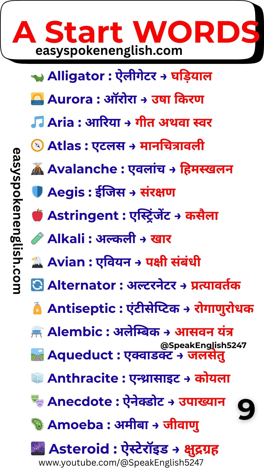 A Vocabulary Words with Hindi Meaning – Daily Practice A Words
