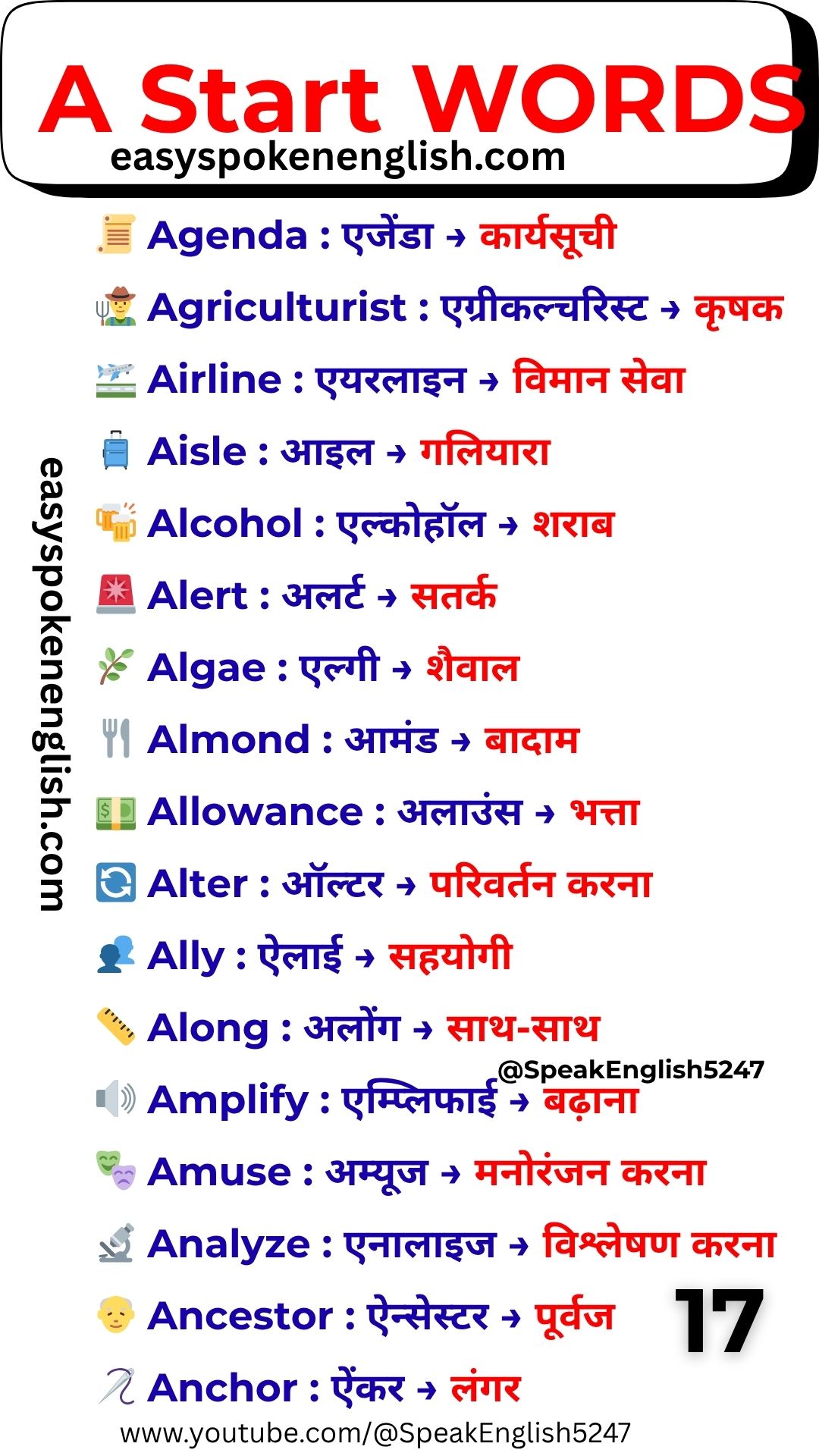 A Vocabulary Words with Hindi Meaning – Everyday A Words