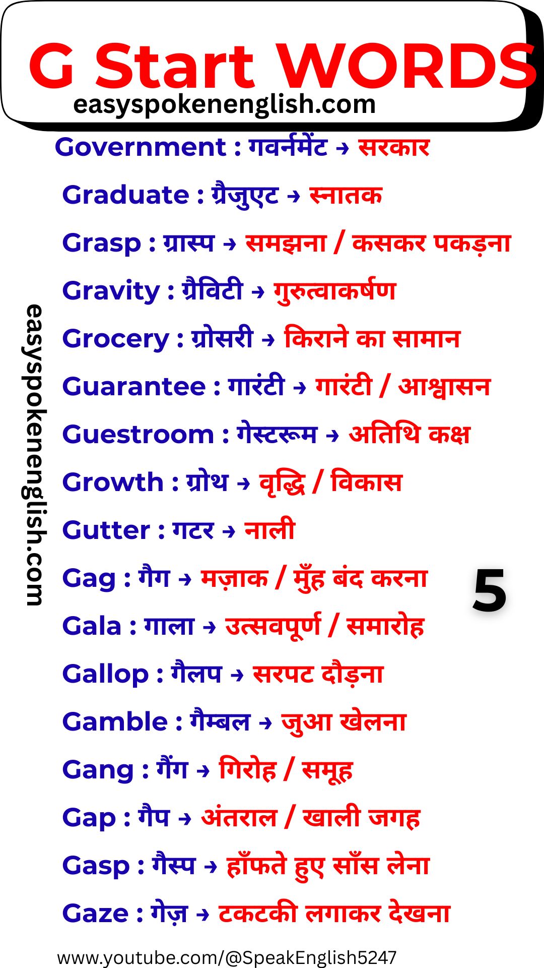 Advanced G Vocabulary with Hindi Meaning