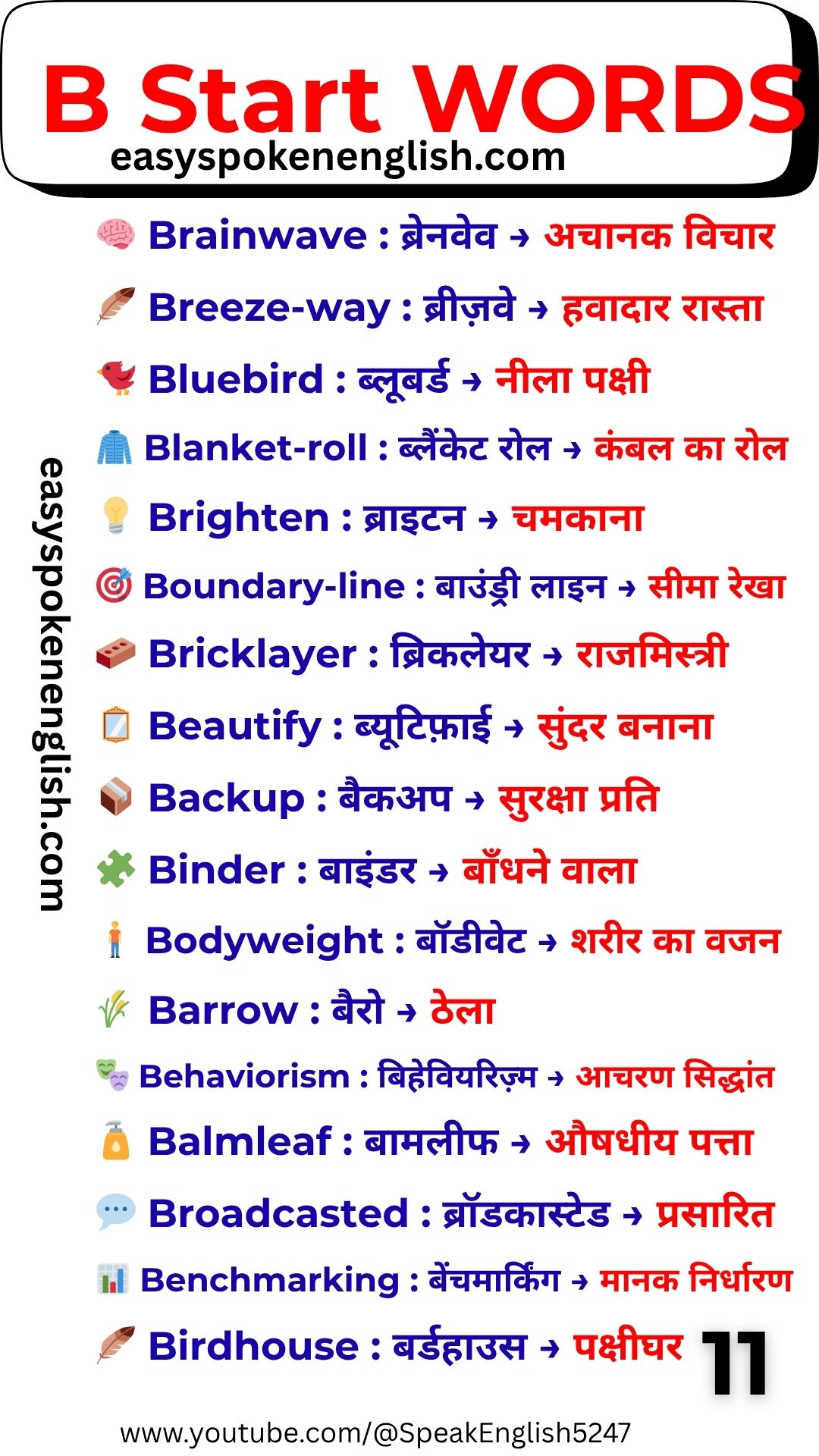 B Vocabulary Words with Hindi Meaning – Learning B Words