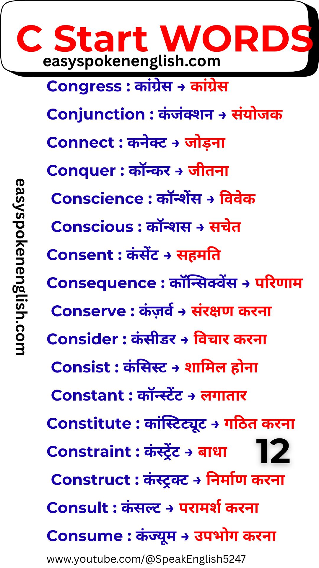 Beginner C Vocabulary Words with Hindi Meaning