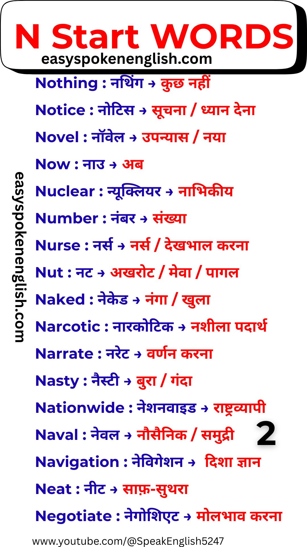 Daily Use English N Words with Hindi Meaning