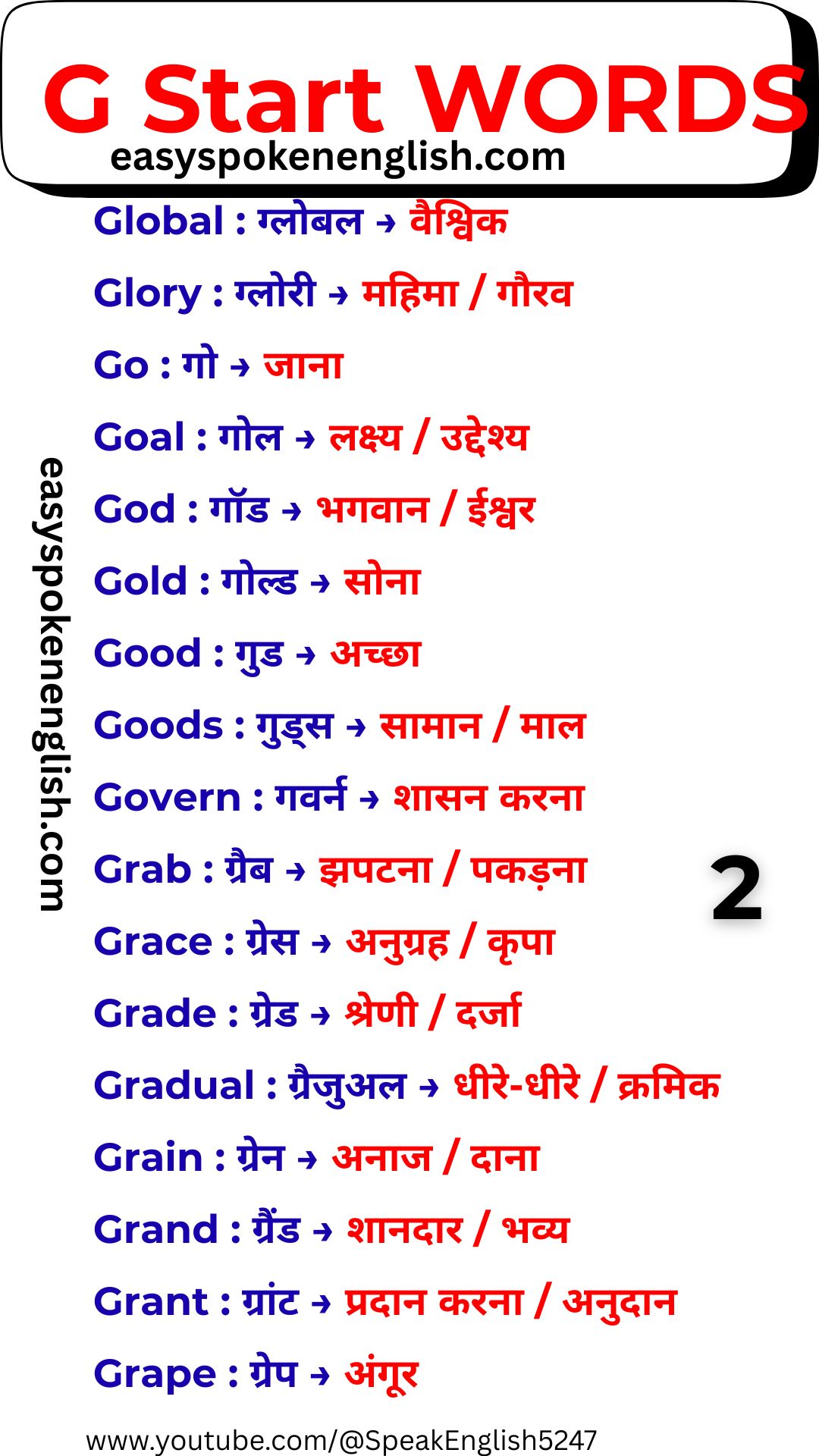 Daily Use G Words with Hindi Meaning