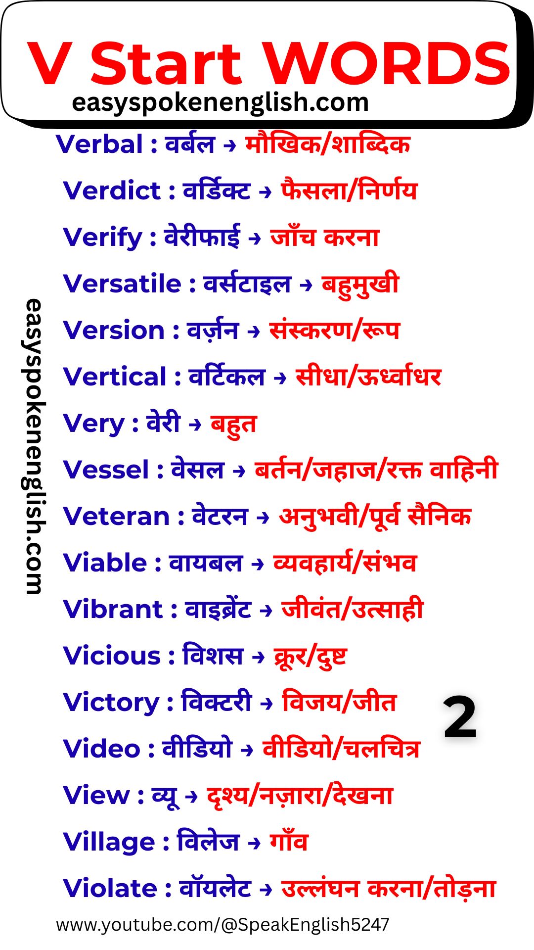 Daily Use V Words for English Speaking