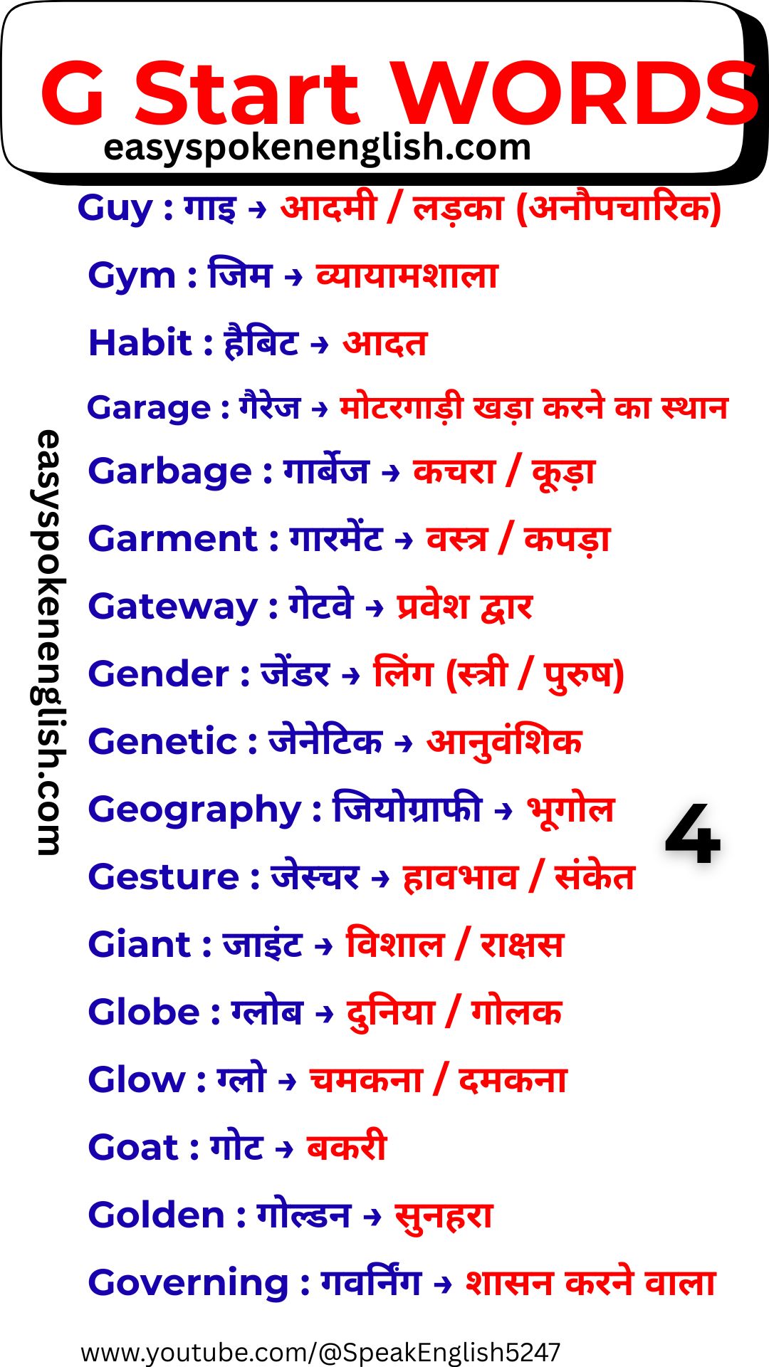 Easy English Words Starting with G