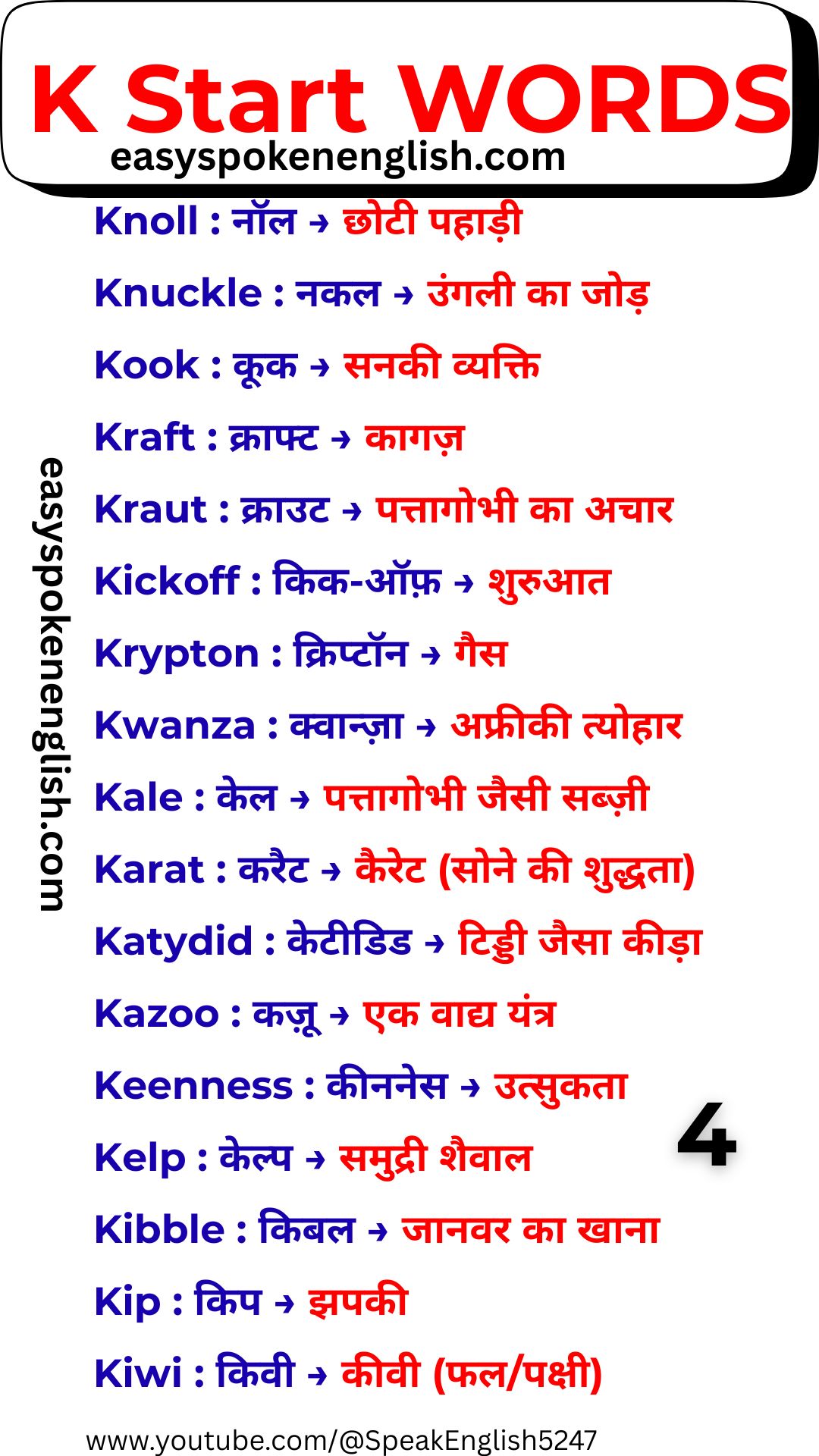 Easy English Words Starting with K