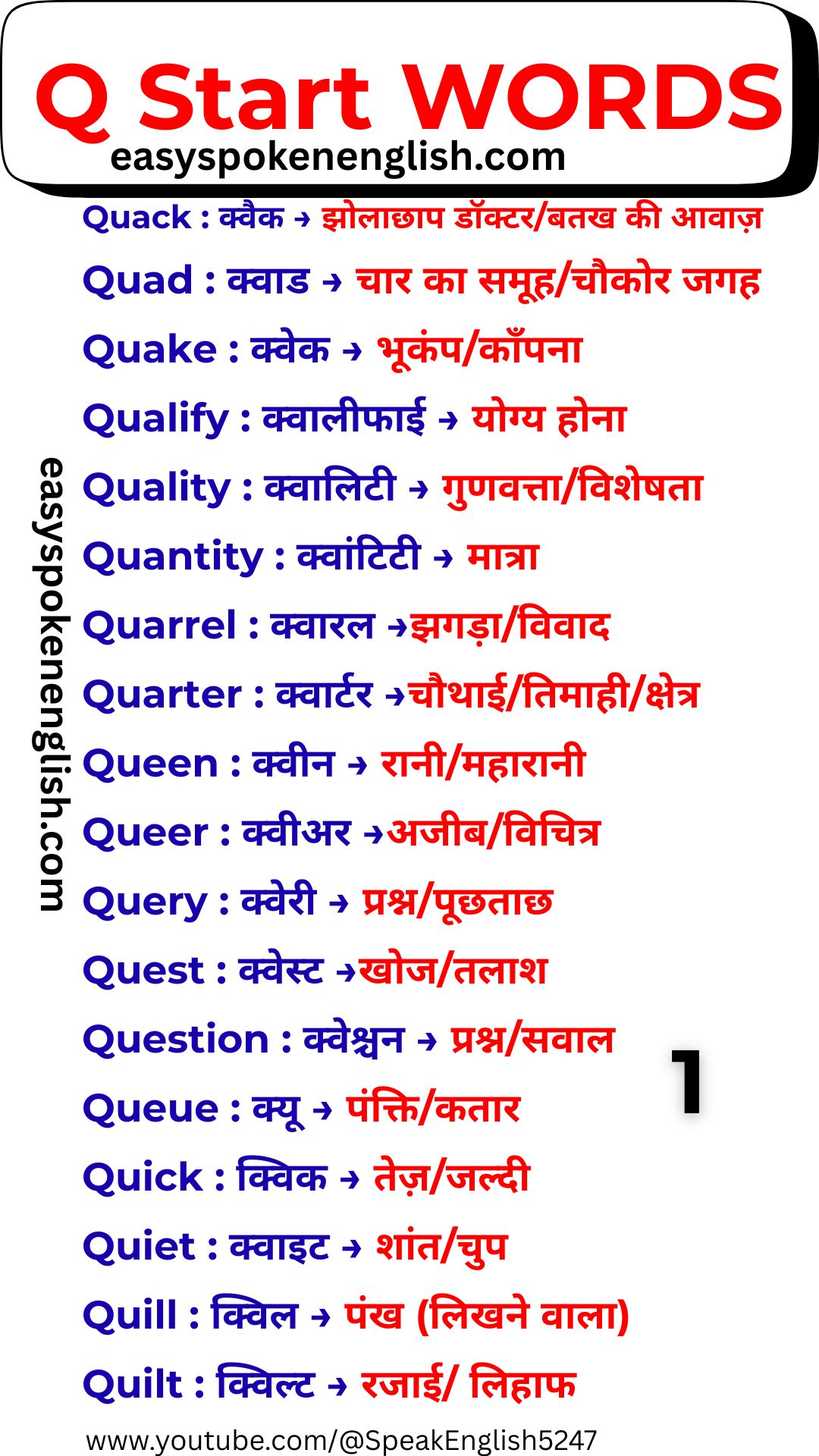 English Words Beginning with Q and Hindi Meaning