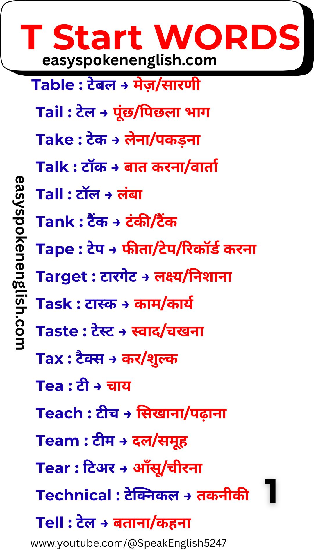 English Words Beginning with T and Hindi Meaning