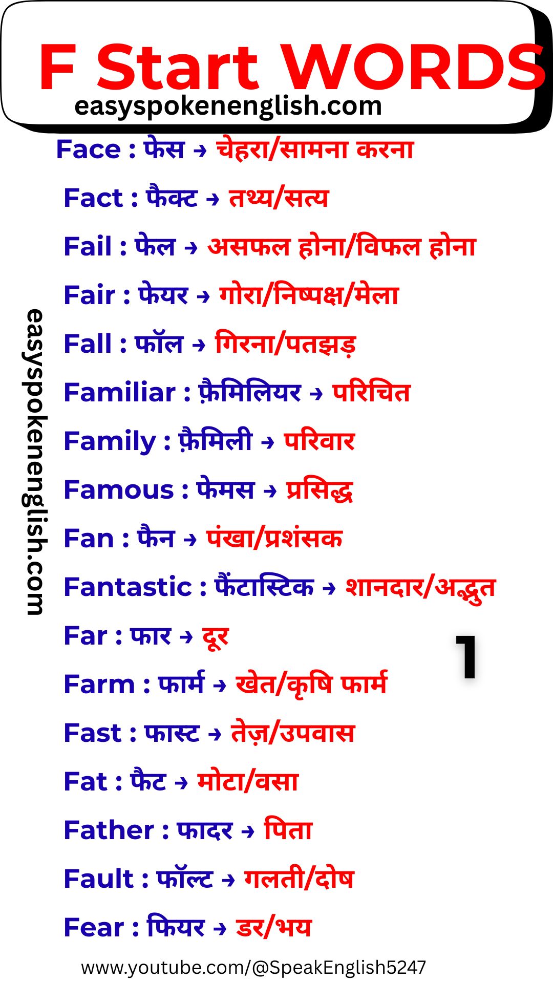 F Vocabulary Words with Hindi Meaning (Part 1)