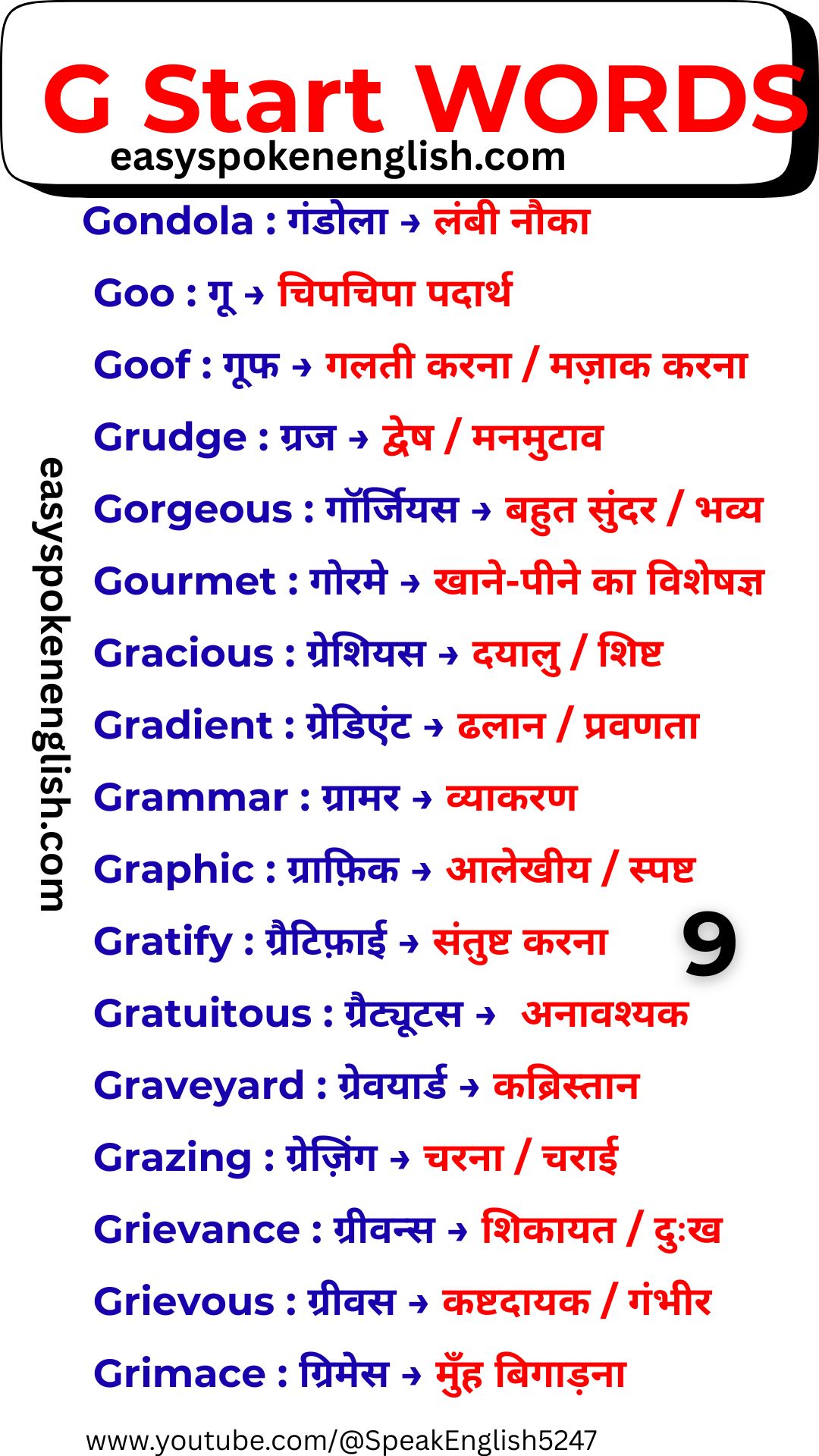 Important G Words with Hindi Meaning
