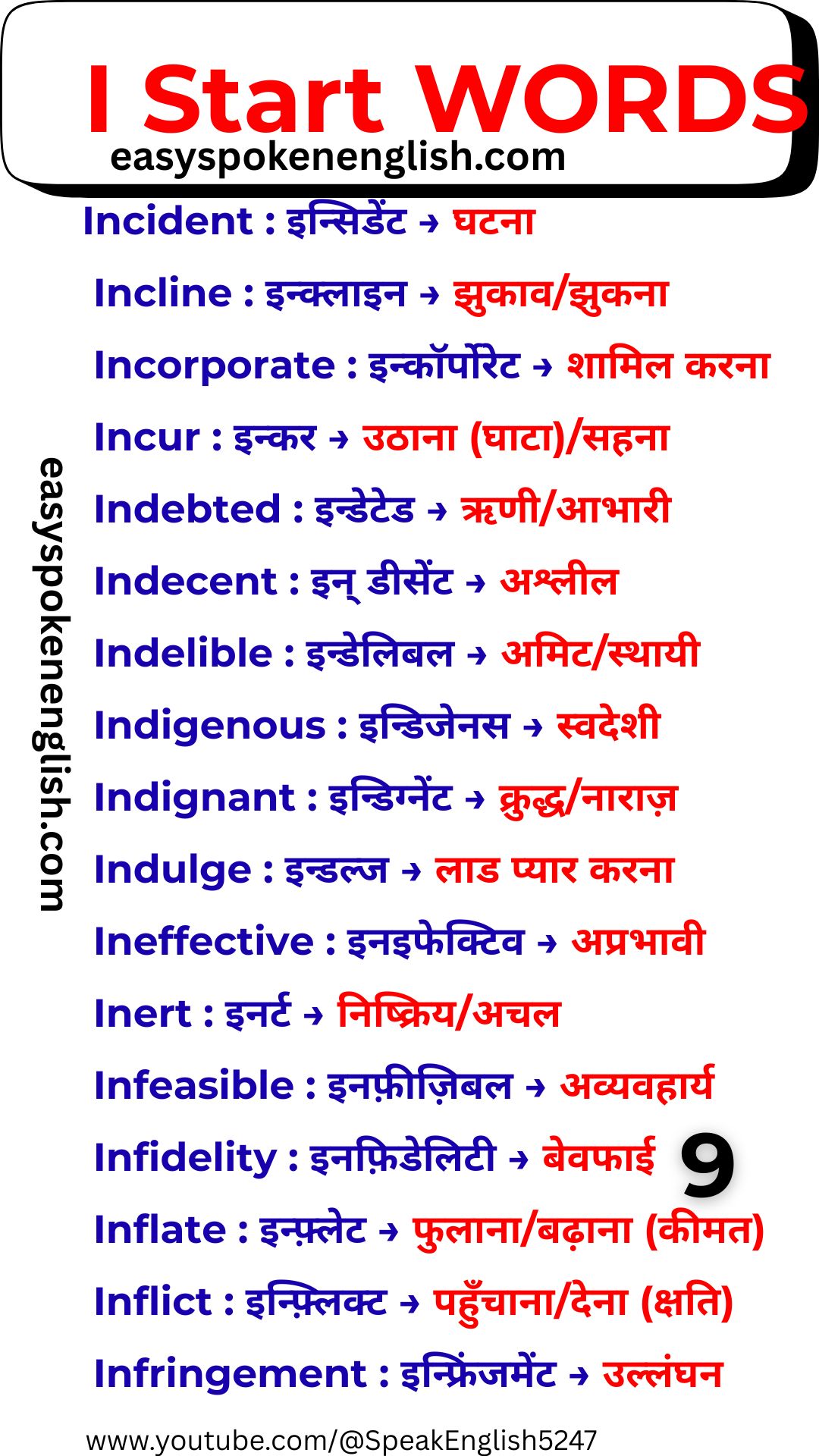 Important I Words with Hindi Meaning
