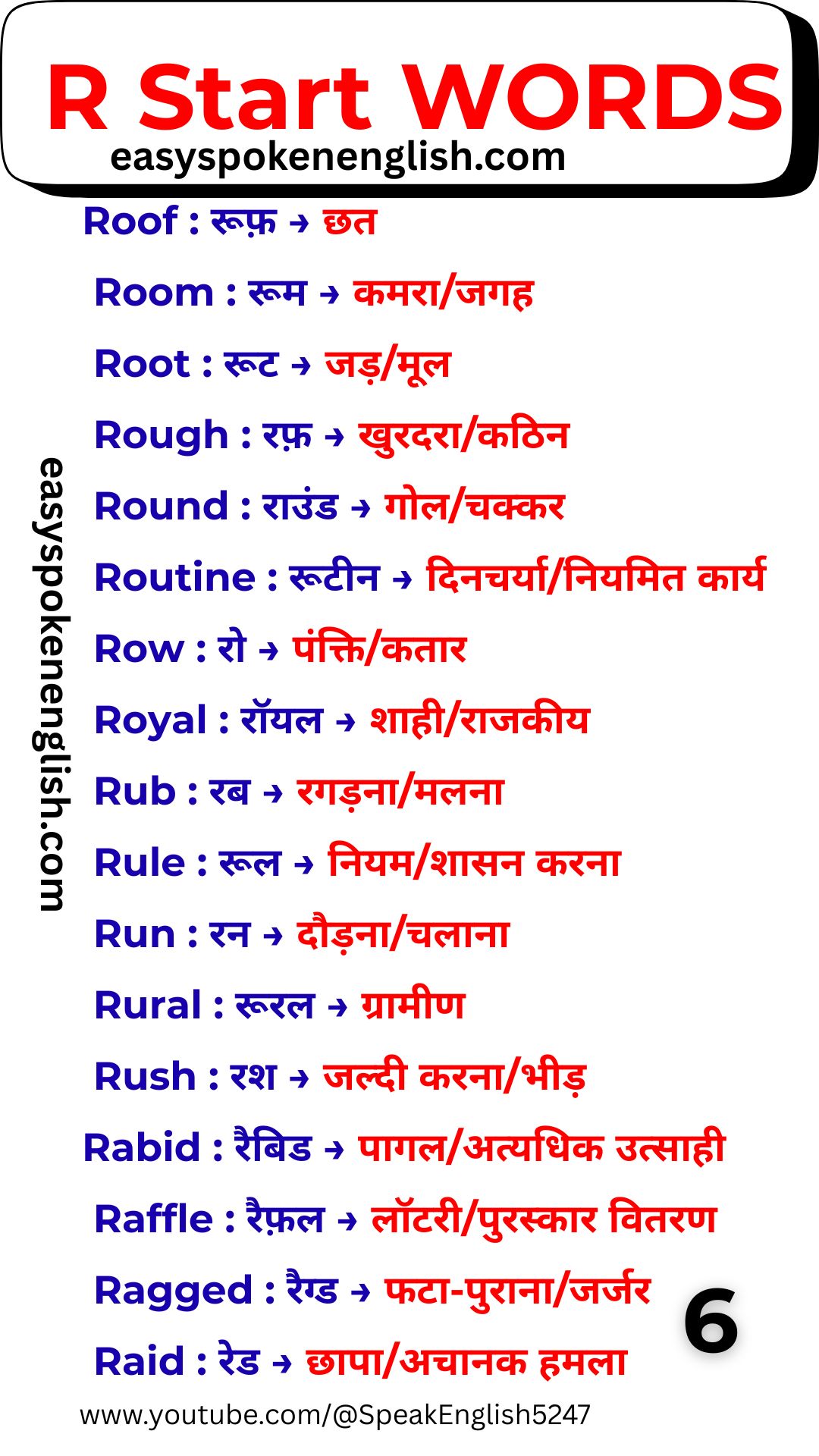 Simple R Words with Hindi Translation