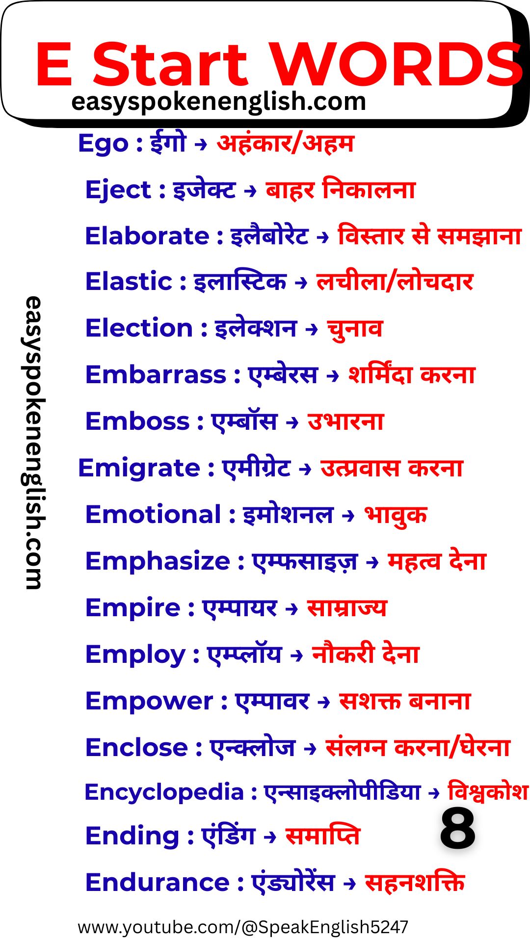 Spoken English E Words with Hindi Meaning