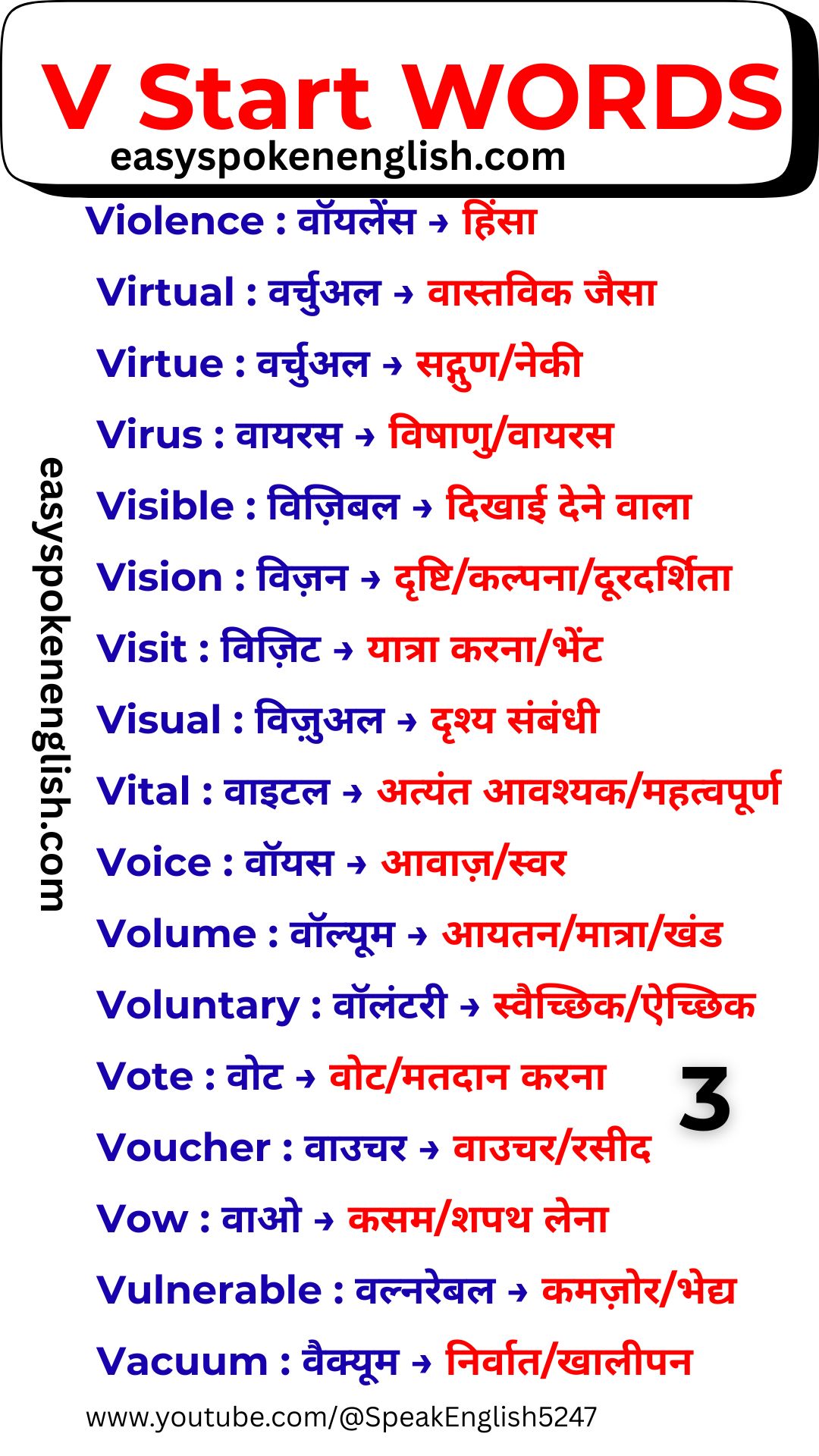 V Letter Vocabulary Guide with Hindi Meaning