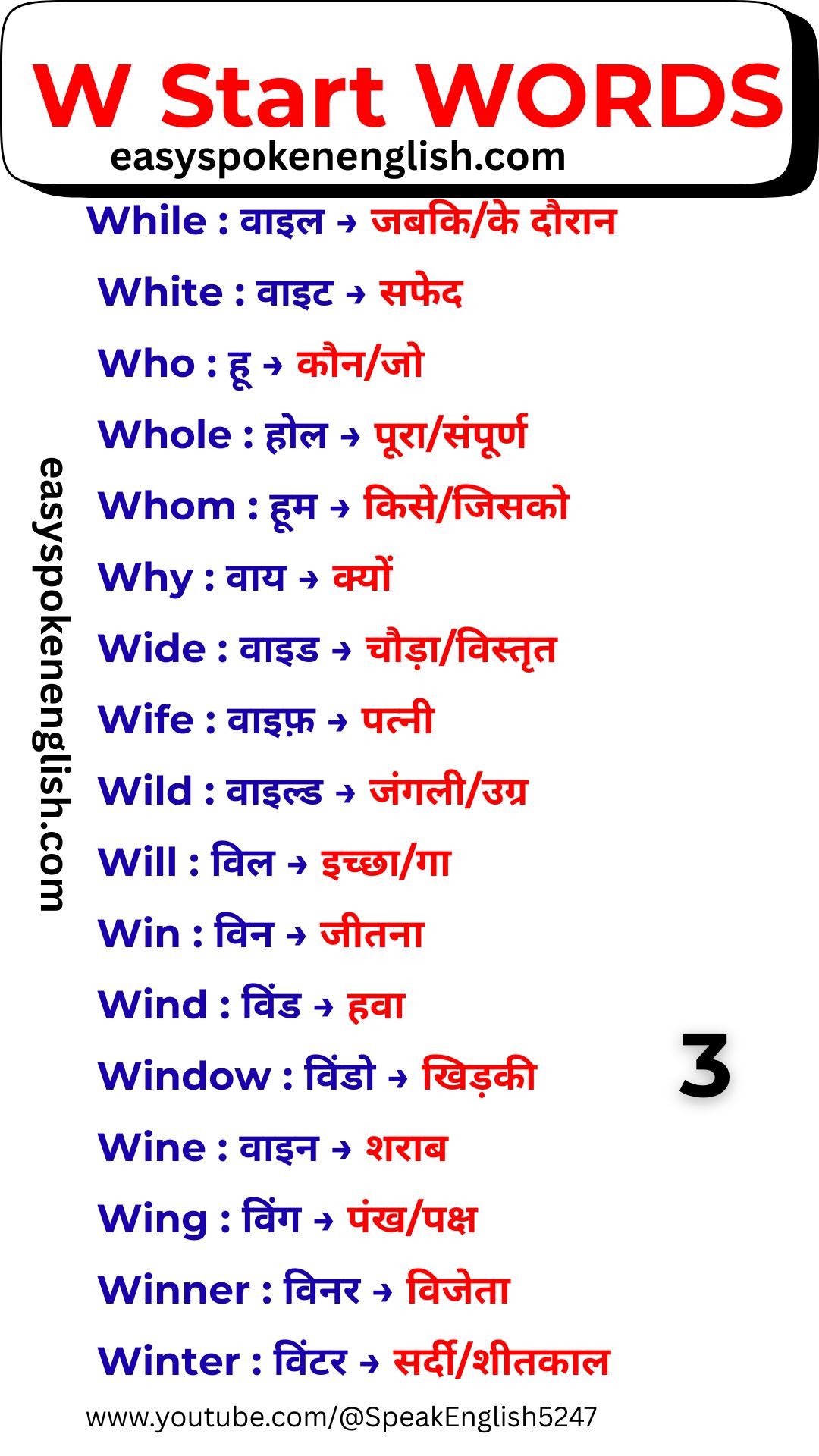 W Letter Vocabulary with Hindi Translation